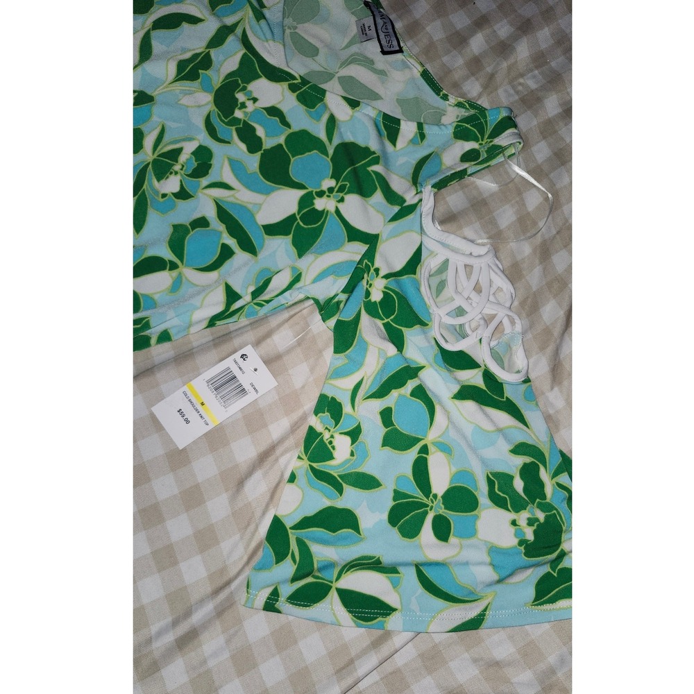 Sam and Jess Womens Green Blue Floral Cold Shoulder Knit Top Lattice Detail NWT - Picture 2 of 5